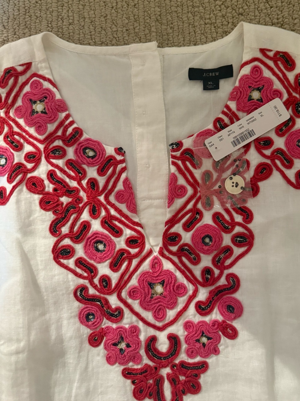 J. Crew White Sleeveless Tunic with Pink and Red Floral Embroidery XL - Picture 5 of 6